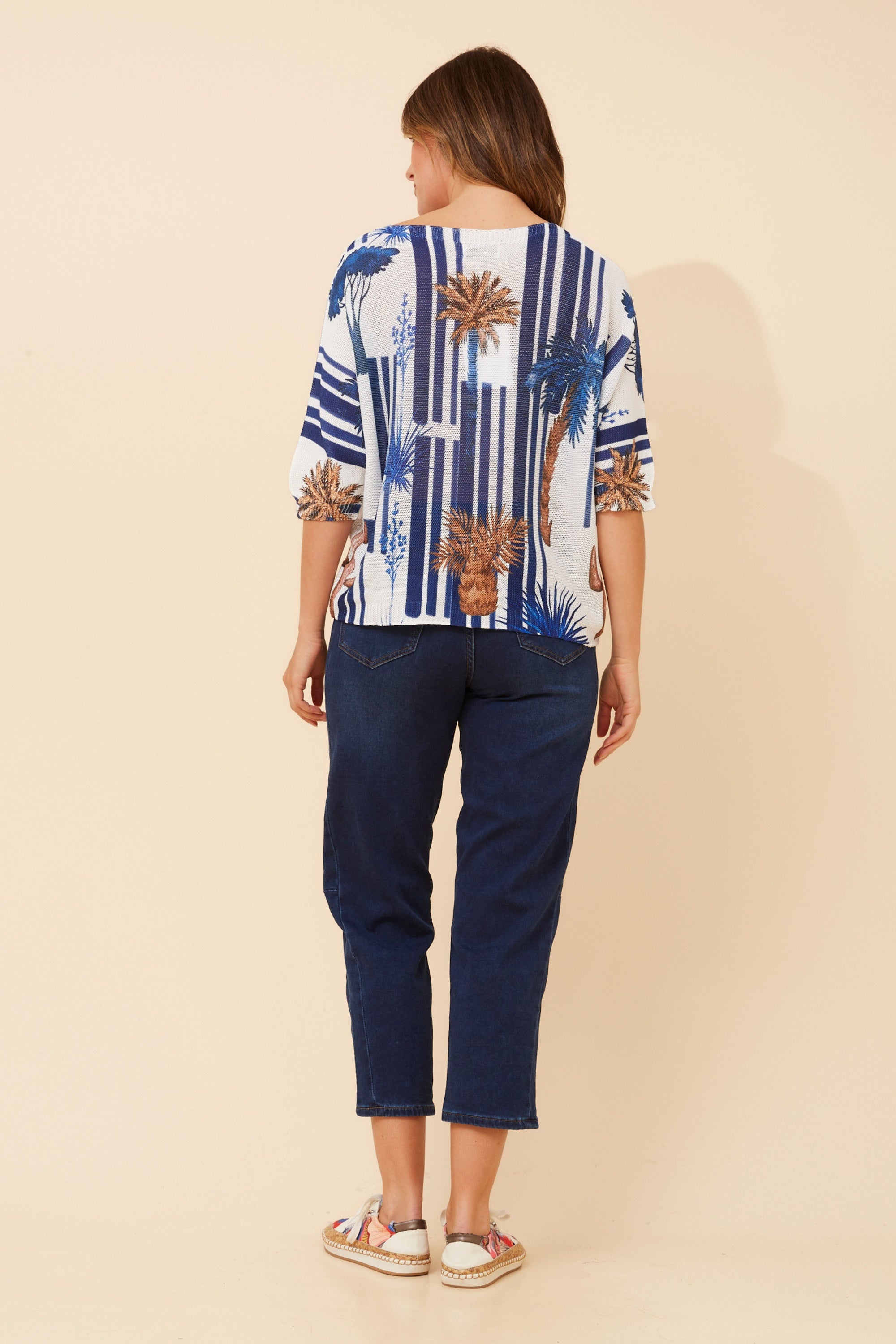 3/4 Sleeve Palm Tree/Foil Print Pullover - Navy