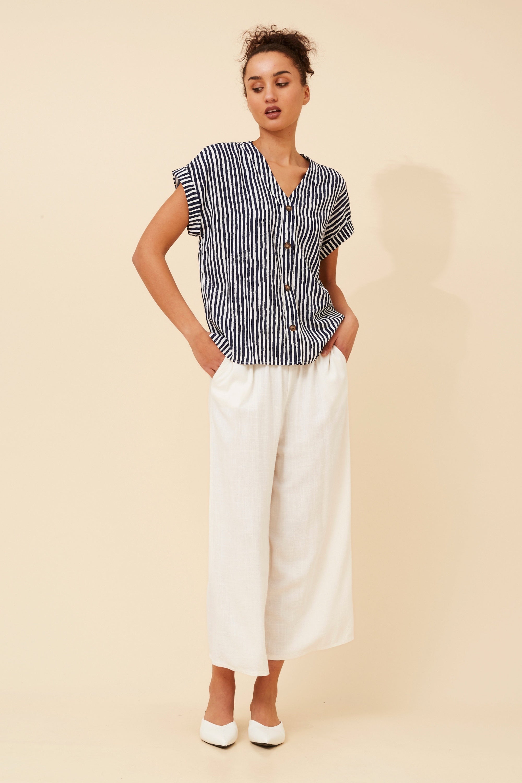 Cap sleeve v-neck button down top
