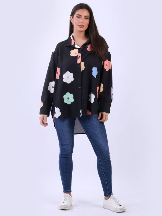 Daniella Oversized Linen Floral Shirt | Black