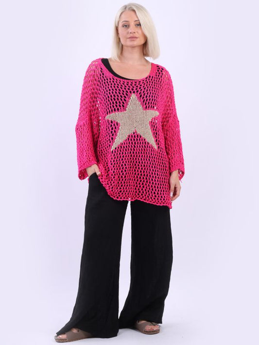 Italian Sassy Star Knit Crochet Mesh Batwing Cotton Top | Pink