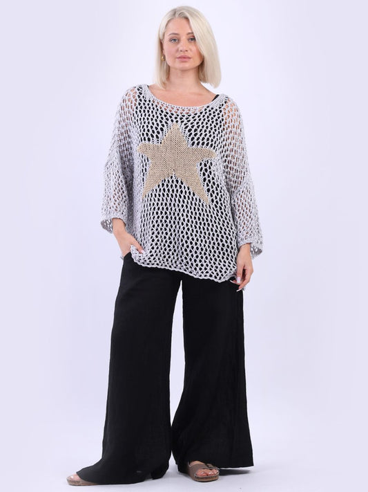 Italian Sassy Star Knit Crochet Mesh Batwing Cotton Top | Silver