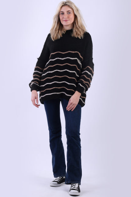 Stripy Batwing Wool Jumper | Black
