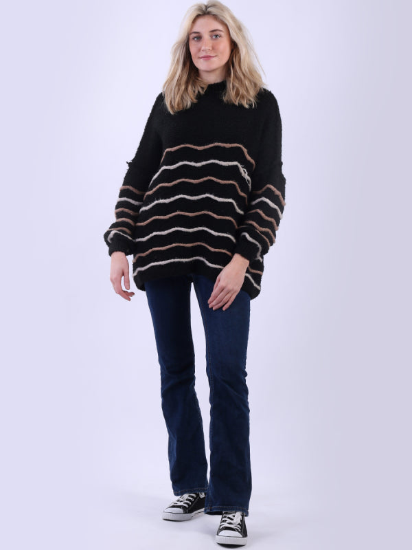 Stripy Batwing Wool Jumper | Black