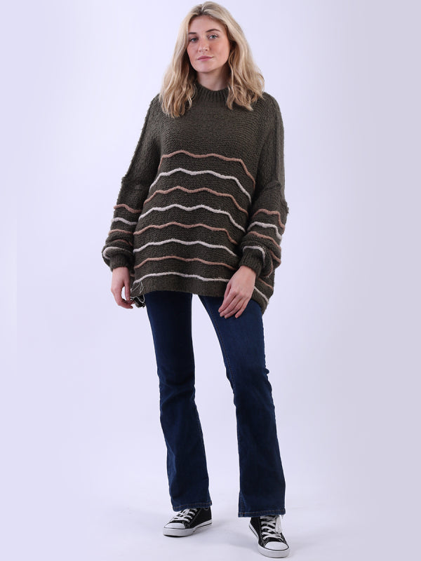 Stripy Batwing Wool Jumper | Khaki