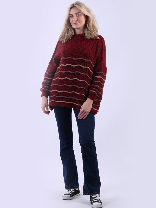 Stripy Batwing Wool Jumper | Wine