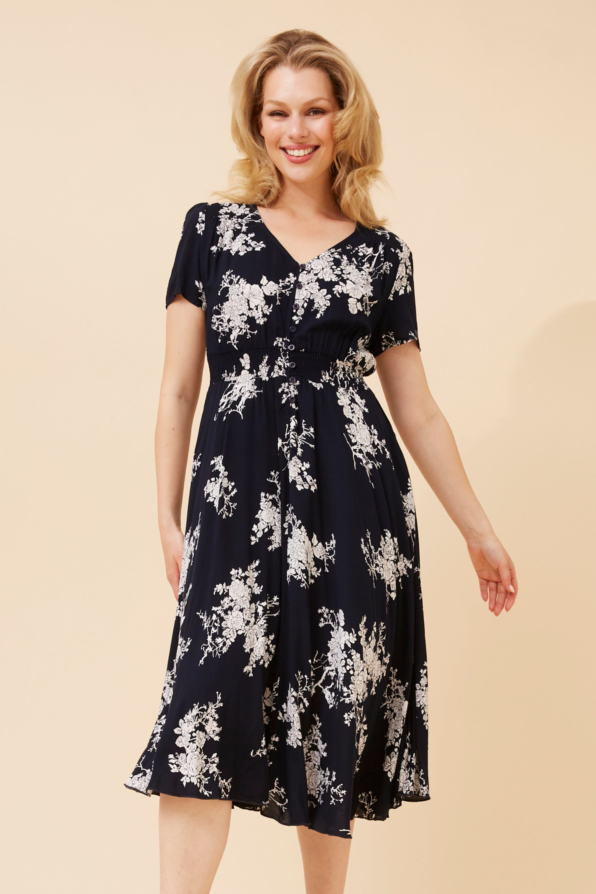 Short Sleeve Floral Midi Dress with Waist Shirring - Navy