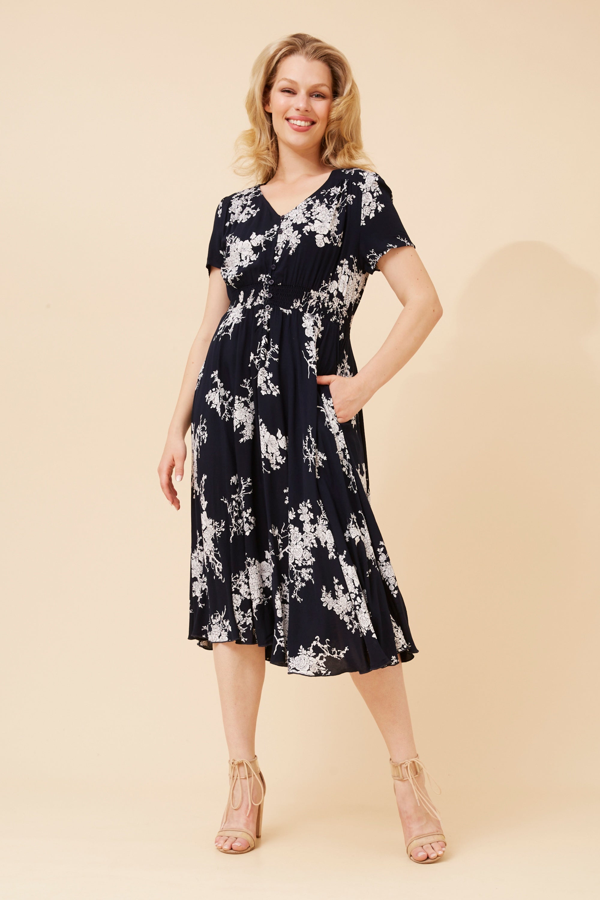 Short Sleeve Floral Midi Dress with Waist Shirring - Navy