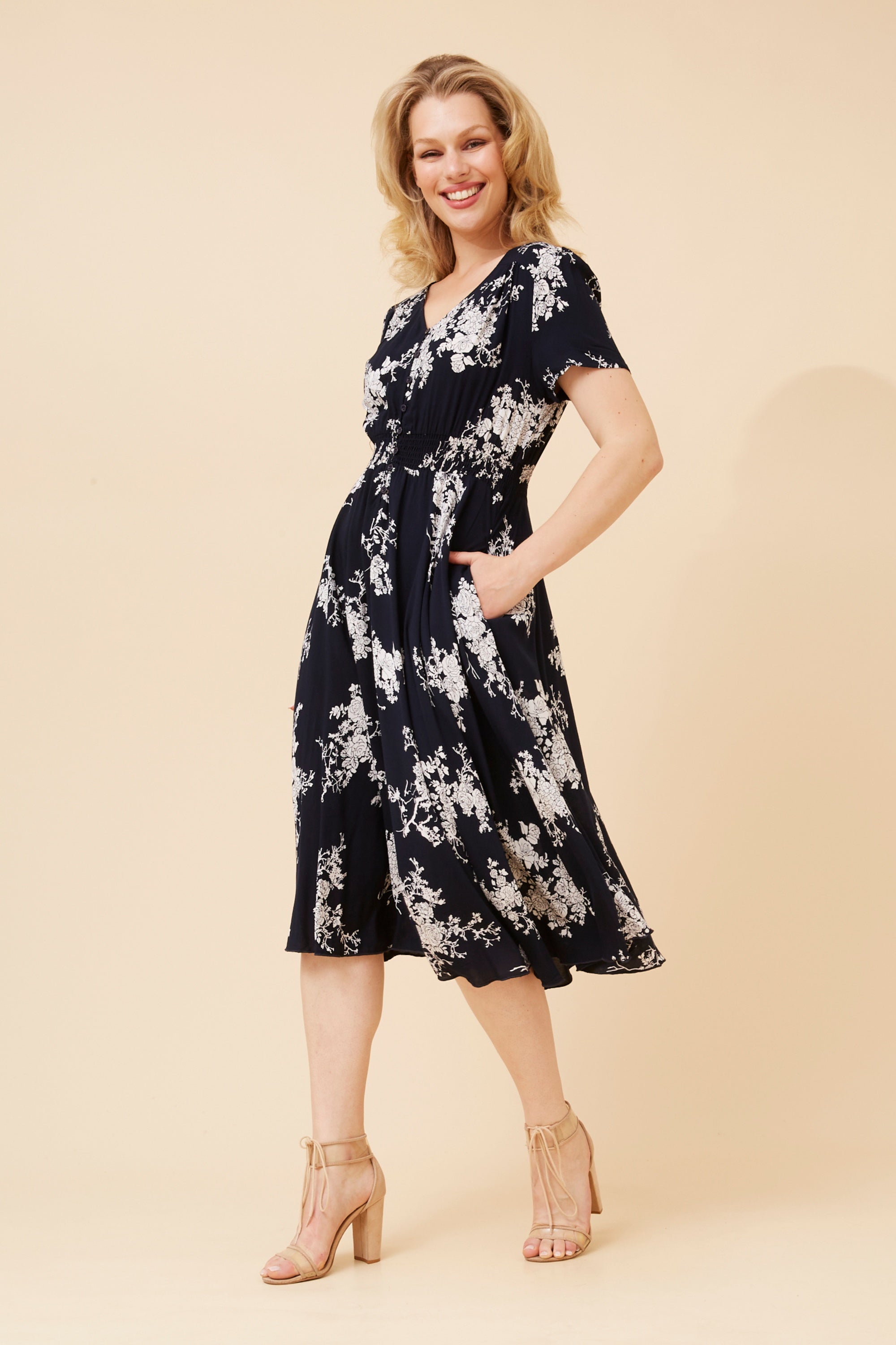 Short Sleeve Floral Midi Dress with Waist Shirring - Navy