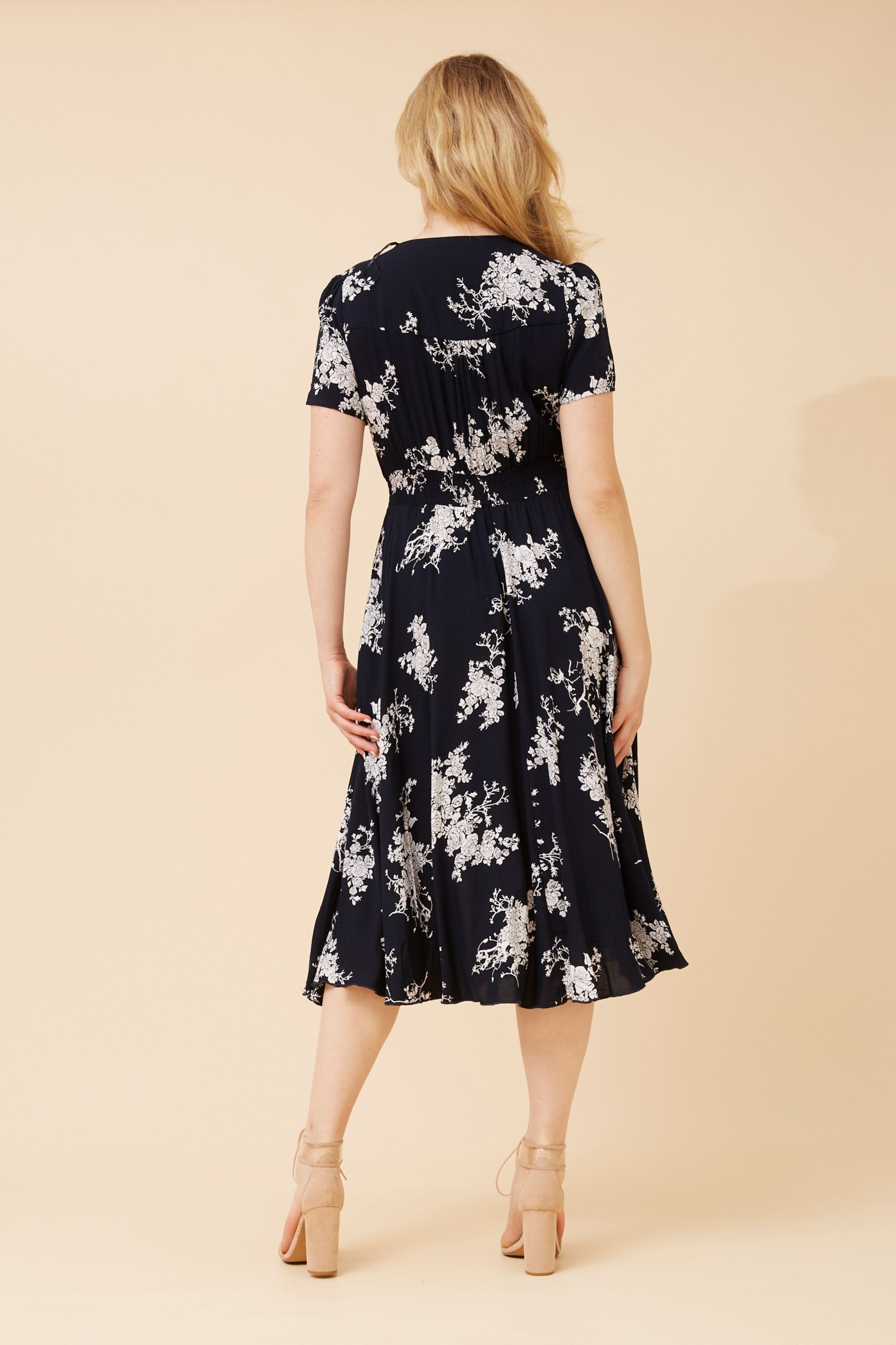 Short Sleeve Floral Midi Dress with Waist Shirring - Navy