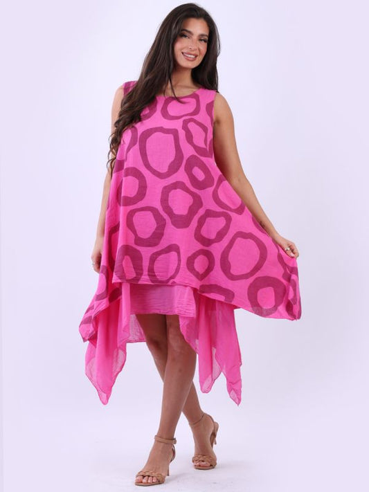 Italy Sleeveless Two Layer Circle Print Linen Dress | Fuchsia