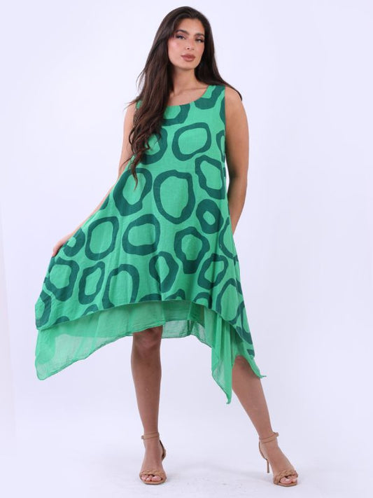 Italy Sleeveless Two Layer Circle Print Linen Dress | Green