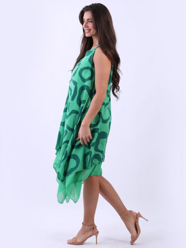 Italy Sleeveless Two Layer Circle Print Linen Dress | Green