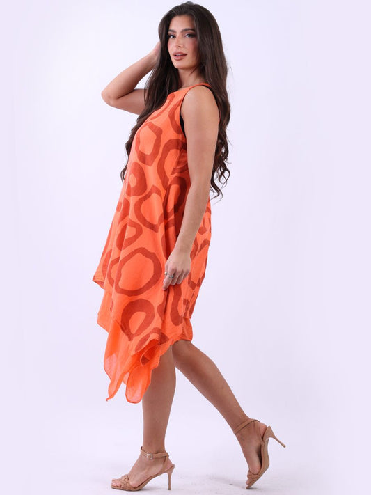 Italy Sleeveless Two Layer Circle Print Linen Dress | Orange