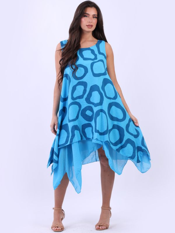 Italy Sleeveless Two Layer Circle Print Linen Dress | Turquoise
