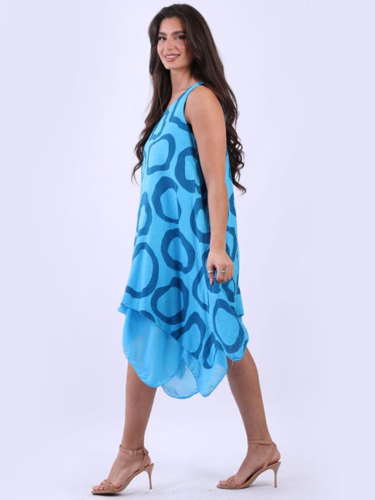 Italy Sleeveless Two Layer Circle Print Linen Dress | Turquoise