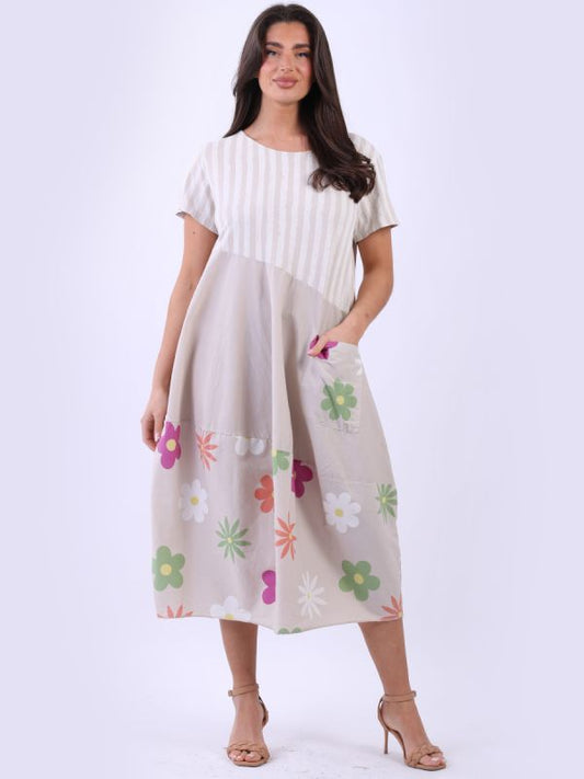 Italian Stripy Floral print Dress | Beige