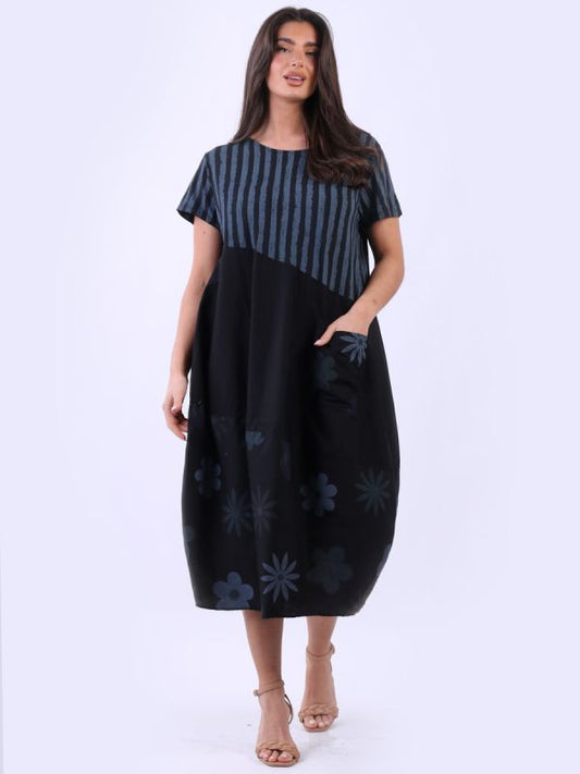 Italian Stripy Floral print Dress | Black