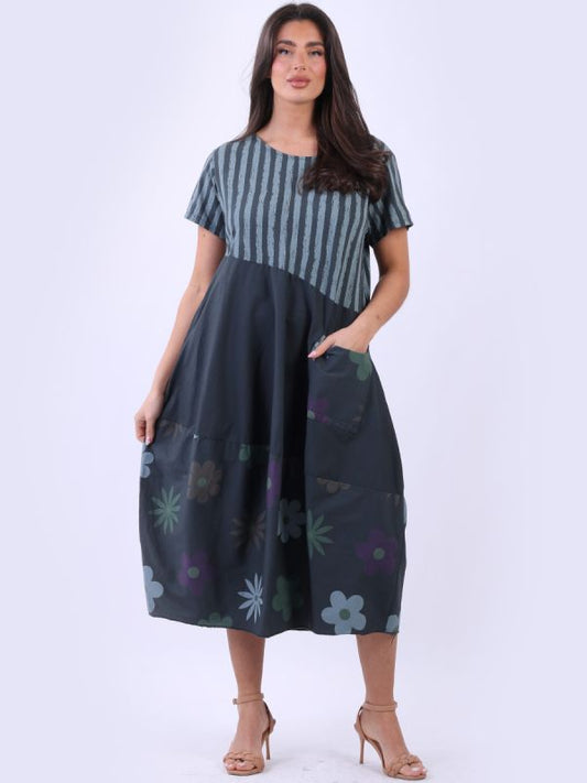 Italian Stripy Floral print Dress | Charcoal