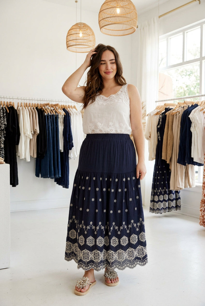 Odela Embroidered Midi Skirt | Navy