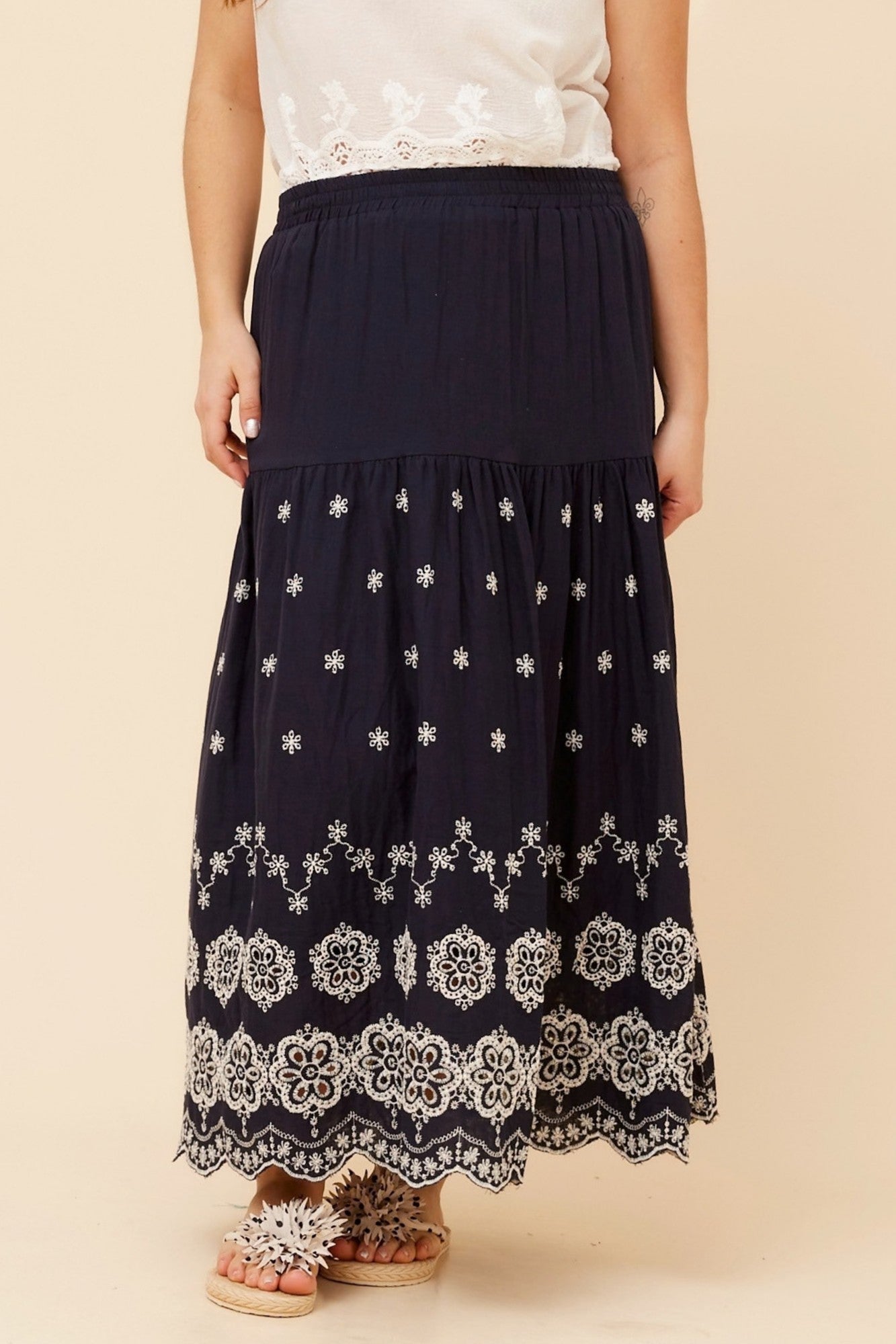 Odela Embroidered Midi Skirt | Navy