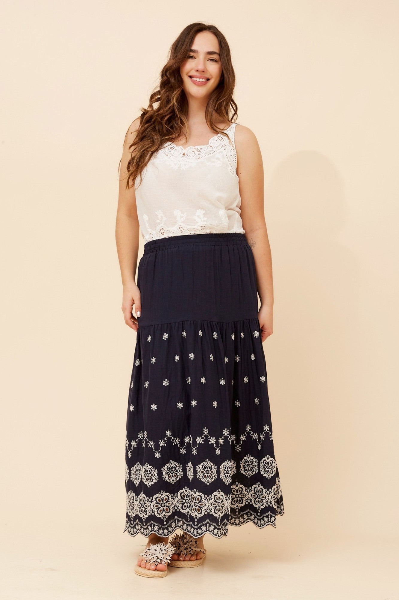 Odela Embroidered Midi Skirt | Navy