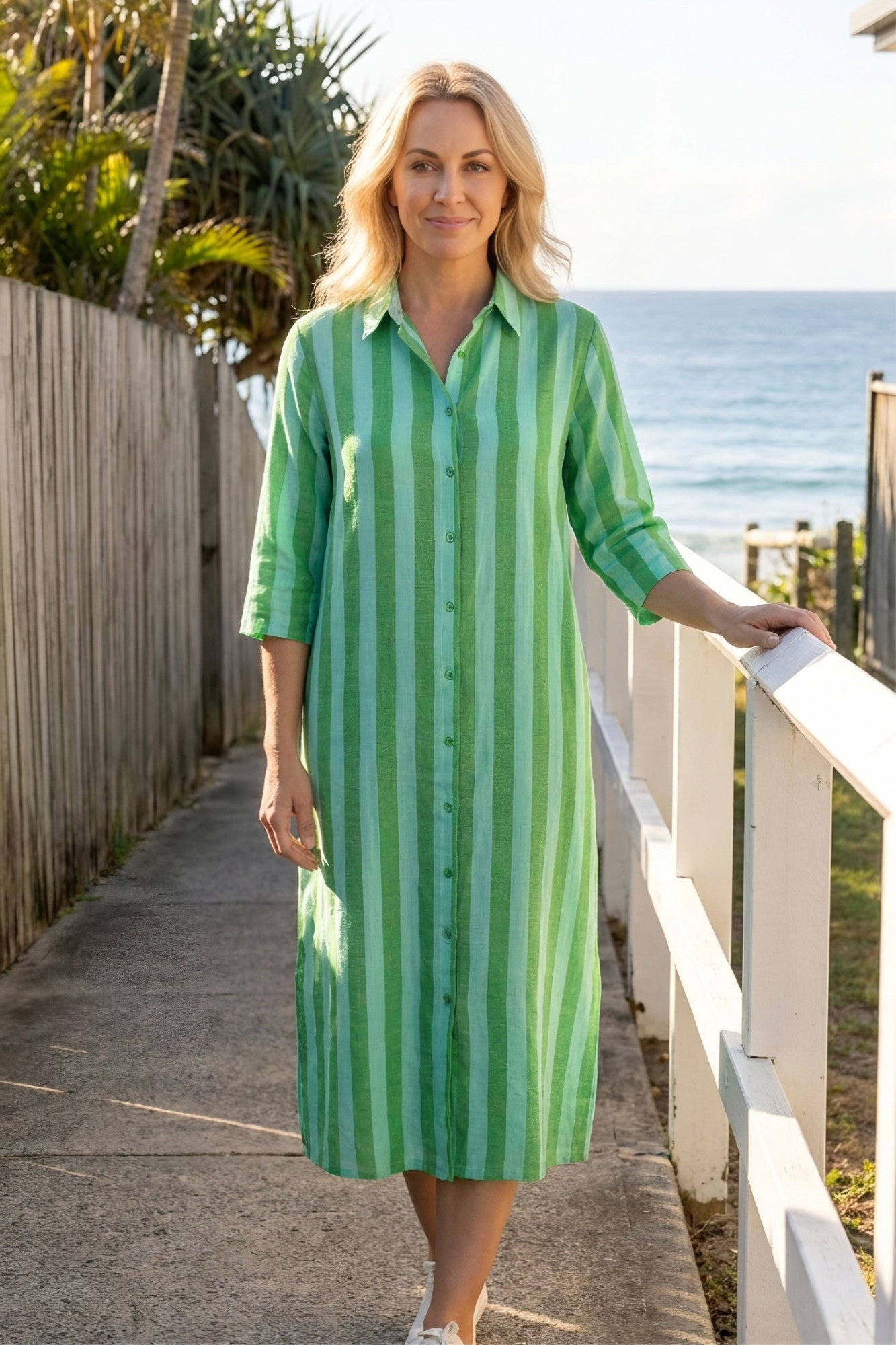 Sofia Shirt Dress Green/Aqua Stripe