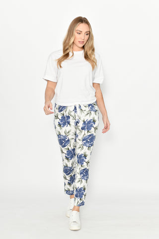 Stretch Cotton Floral Pants- Blue