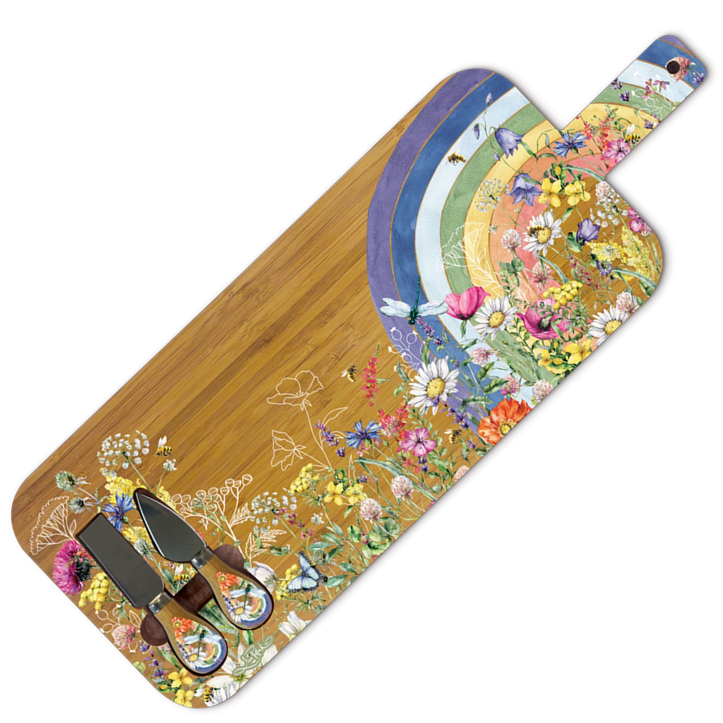 Bamboo Serving Platter  + Knives- Wildflower Rainbow