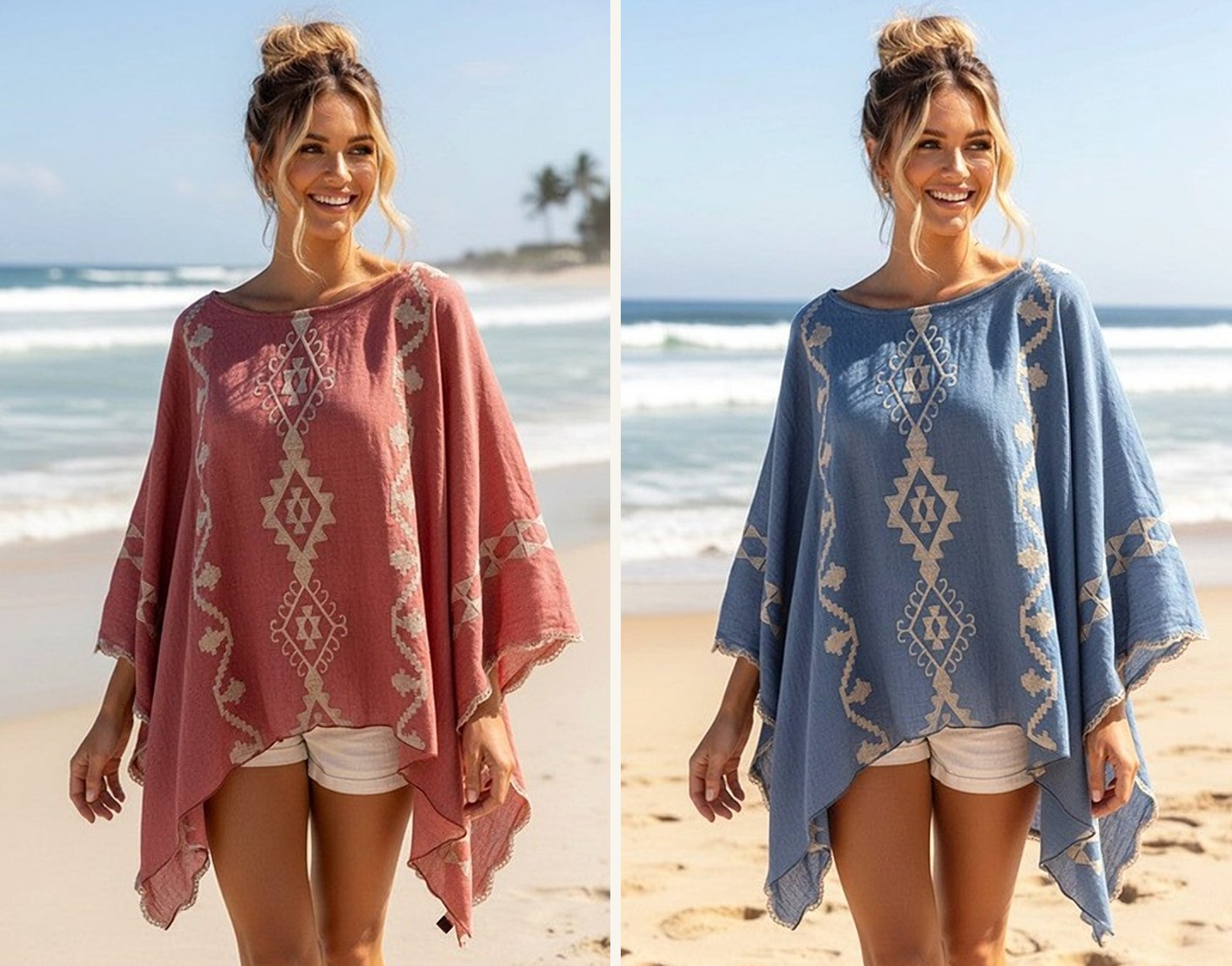 Model wearing embroidered kaftans on the beach